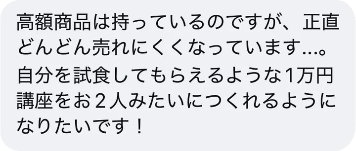 高額商品は持っているのですが、正直どんどん売れにくくなっています…。自分を試食してもらえるような1万円講座をお2人みたいにつくれるようになりたいです！