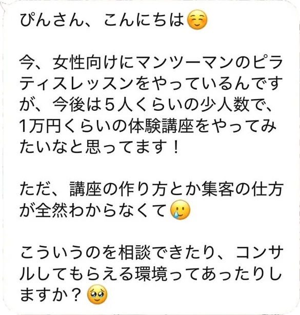 ぴんさん、こんにちは。今、女性向けにマンツーマンのピラティスレッスンをやっているんですが、今後は5人くらいの少人数で、1万円くらいの体験講座をやってみたいなと思ってます！ただ、講座の作り方とか集客の仕方が全然わからなくて。こういうのを相談できたり、コンサルしてもらえる環境ってあったりしますか？